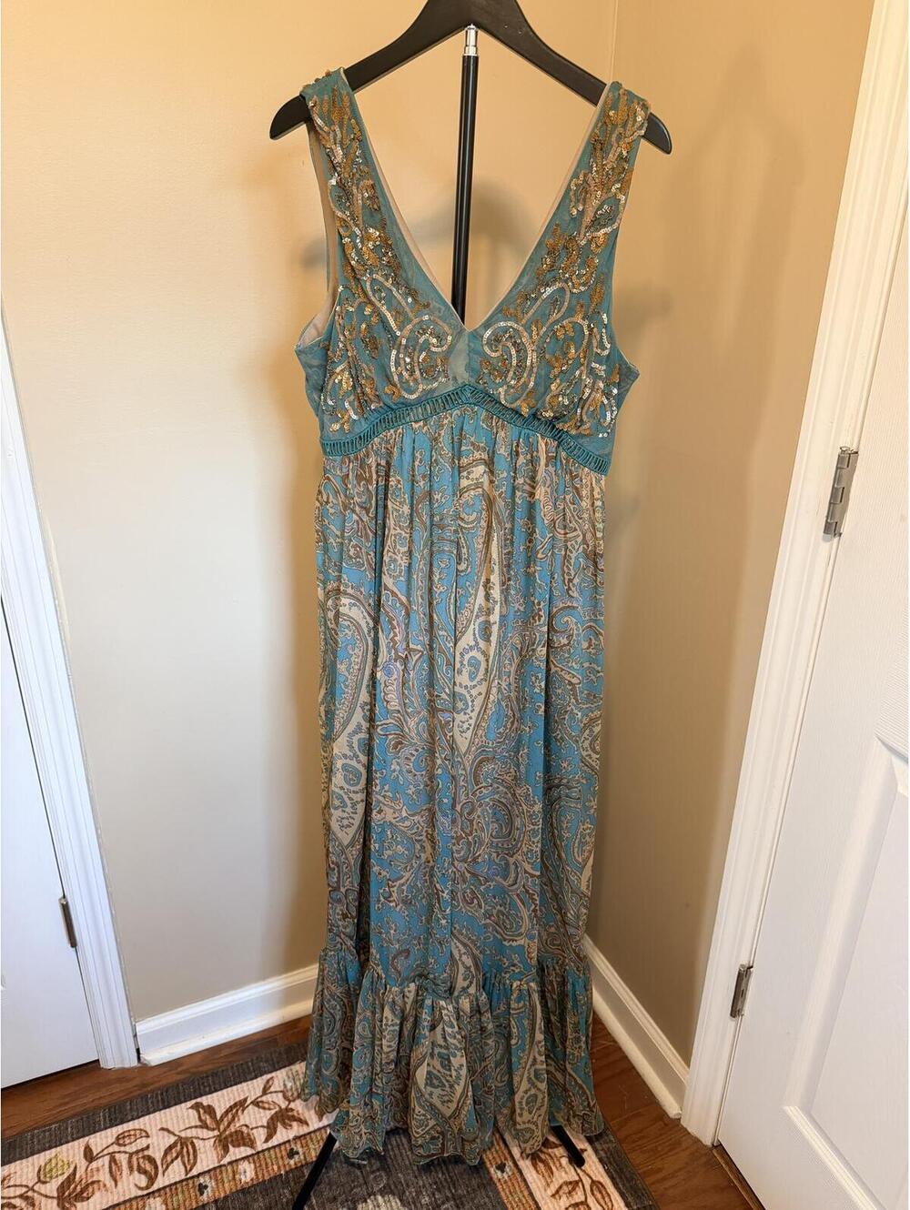 Anthropologie Ranna Gill Beaded Paisley Maxi Dress Gown Size 10P Boho Formal